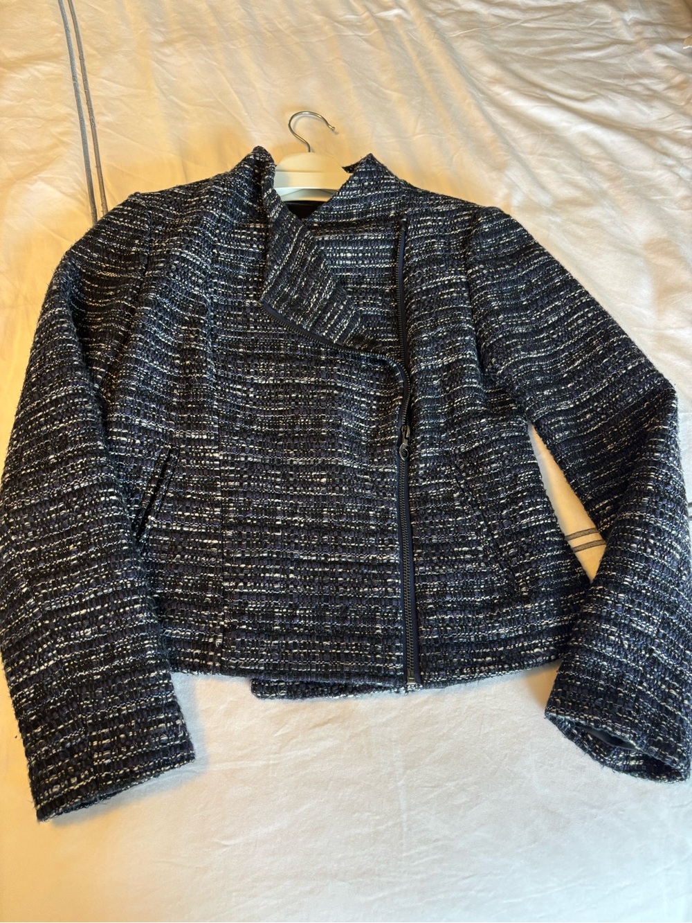 Banana Republic Navy and White Tweed Zip-Front Jacket